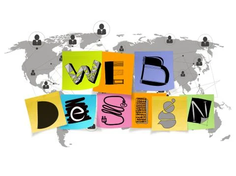 Hand drawn web design on sticky note and world map with human icon background Stock Illustration