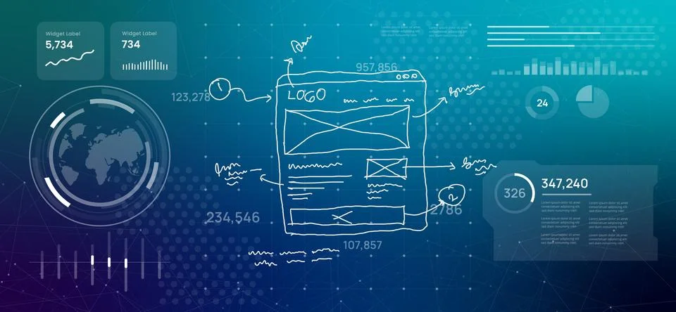 Hand drawn website wireframe and notes illustration represents process of Stock Illustration