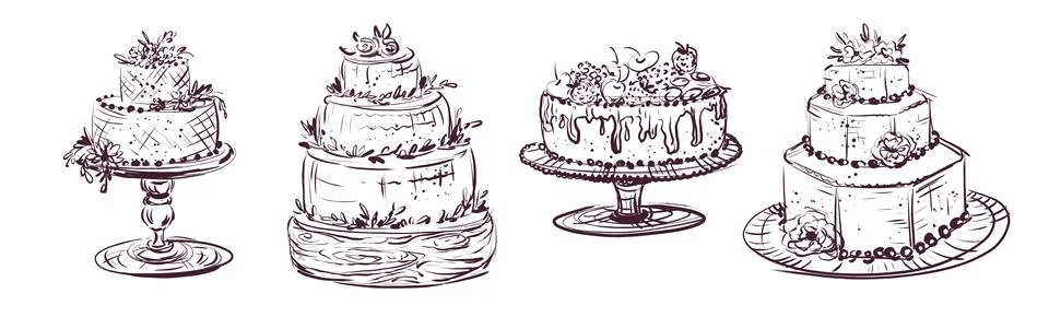Hand-drawn wedding cake. A set of wedding cakes. Stock Illustration