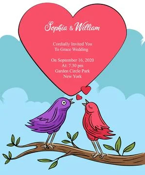 Hand drawn wedding card template with birds colored vector Illustrazione stock