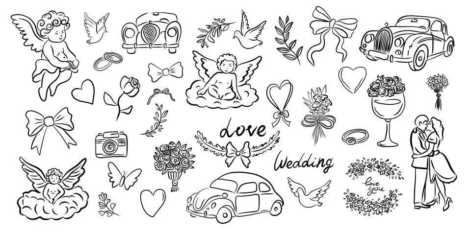Hand drawn wedding elements featuring angels, cars, and romantic symbols fo.. Illustrazione stock