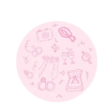 Hand drawn wedding outline doodle icons round background of jewerly and bridal Stock Illustration