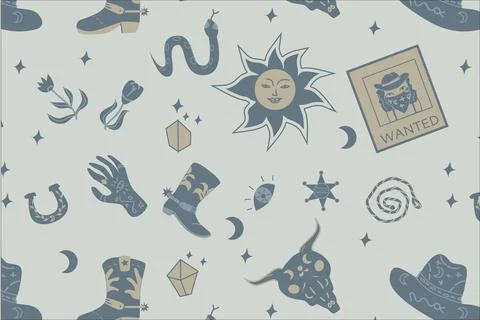 Hand drawn western boho background with cowboy elements Illustrazione stock