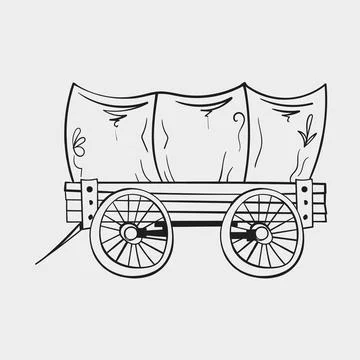 Hand drawn Western covered wagon vector icon in black ink doodle style Stock Illustration