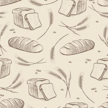 Hand drawn wheat and bread seamless pattern Stock Illustration