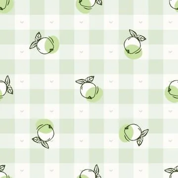 Hand drawn whimsical apple gingham seamless pattern. Vector vintage check retro 스톡 일러스트