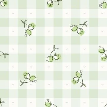 Hand drawn whimsical cherry gingham seamless pattern. Vector vintage check retro 스톡 일러스트