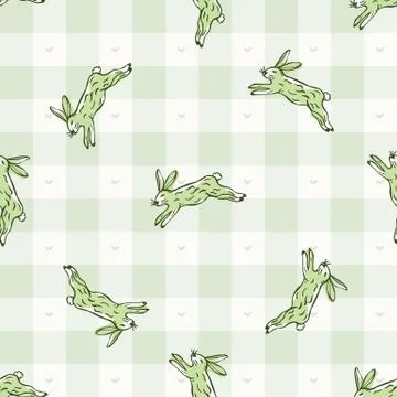 Hand drawn whimsical easter bunny gingham seamless pattern. Vector vintage Stock Illustration