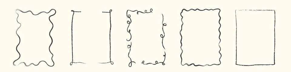 Hand drawn whimsical wavy frames. Decorative borders with curly sketch lines Stock Illustration