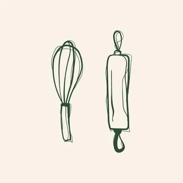 Hand Drawn Whisk and Rolling Pin Vector Stock Illustration