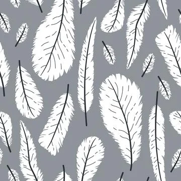 Hand drawn white bird feathers, in flat style seamless pattern Stock Illustration