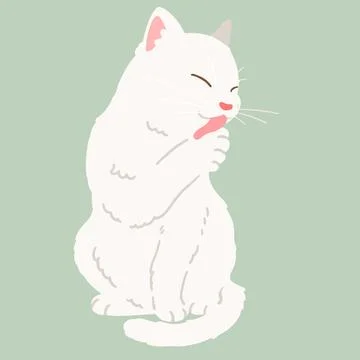 Hand drawn white cat sitting and grooming illustration flat colored Stock Illustration