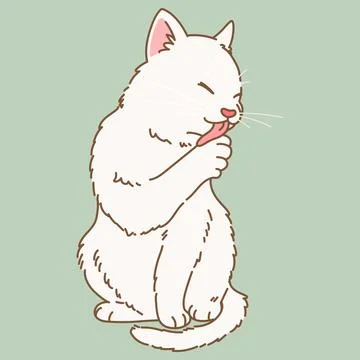 Hand drawn white cat sitting and grooming illustration Stock Illustration