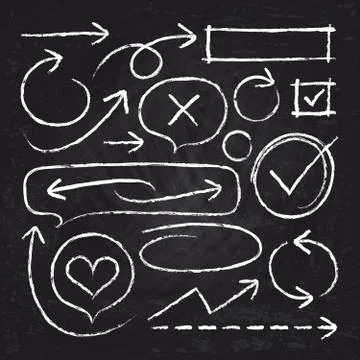 Hand drawn white chalk arrows, circle frames and sketch graphic elements Stock Illustration
