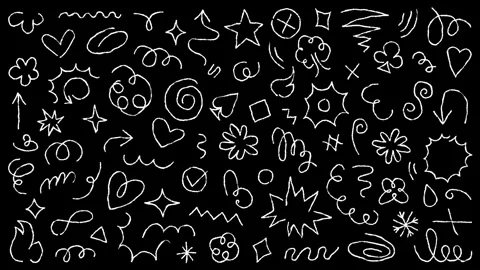 Hand Drawn White Chalk Doodle and Scribble Elements Animation on Black Stock Footage 303436735