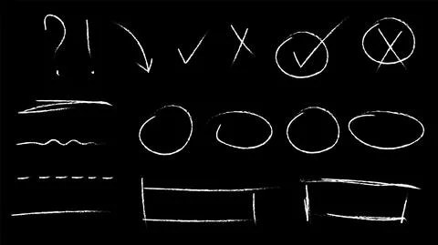 Hand Drawn White Elements isolated on black background. Stock Illustration