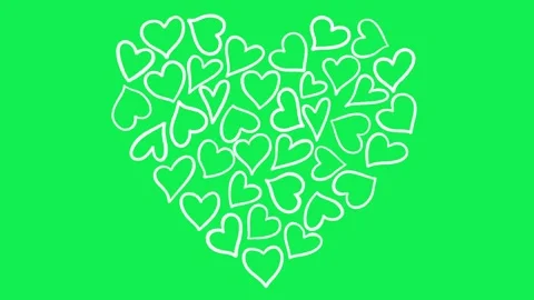 Hand Drawn White Hearts Collage Animation on Green Screen Видео 336104285