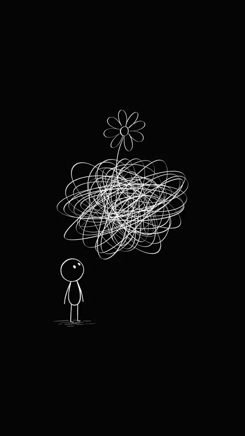 Hand-drawn white stickman looking at messy tangle with flower loop animation Stock Footage 337122851