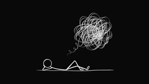 Hand-drawn white stickman lying down with messy thought loop animation Vídeos de archivo 337159113