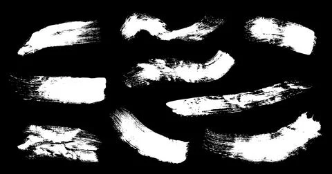 Hand drawn white vector brushes pack isolated on black background. Detailed Stock Illustration