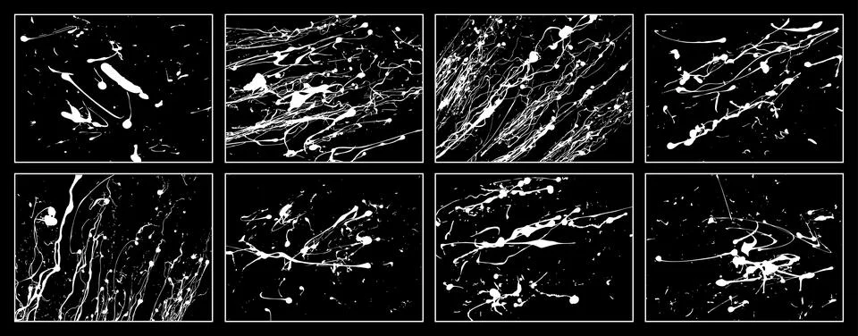 Hand drawn white vector grunge textures pack isolated on black. Detailed paint Stock Illustration