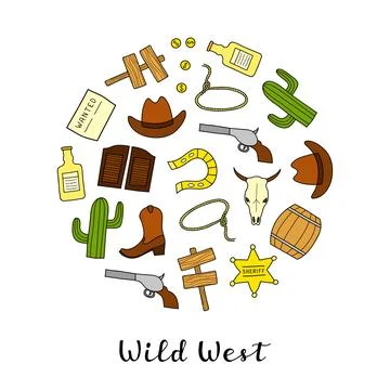 Hand drawn Wild West elements in circle. Stock Illustration