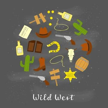 Hand drawn Wild West elements in circle. Illustrazione stock