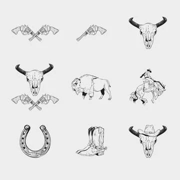 Hand drawn Wild West engraved vector set with bison, bull skull, revolvers,.. Stock Illustration
