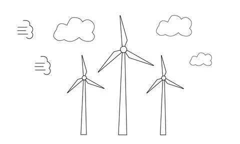 Hand drawn wind farms driven by the flow of air. Use of renewable energy. Stock Illustration