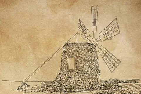 Hand-drawn windmill isolated on white. Stock Illustration