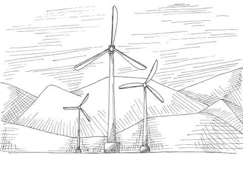 Hand drawn windmills on the background of mountains. Stock Illustration