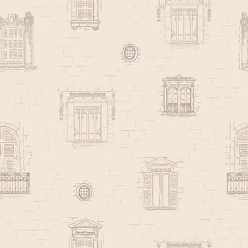 Hand drawn windows paper pattern background. Vintage architecture line wallpa Stock Illustration