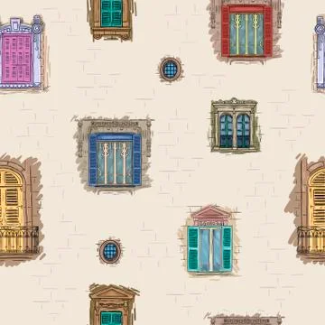Hand drawn windows pattern background. Vintage artistic architecture wallpape Stock-Illustration