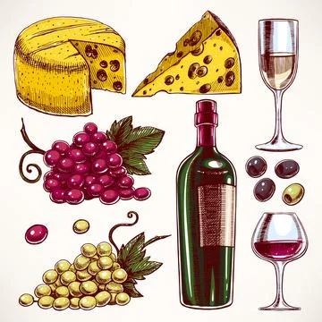Hand-drawn wine set 库存插图