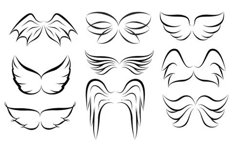 Hand drawn wings logo set. Vector doodle winged icons. Set of logo with linea Ilustración de archivo
