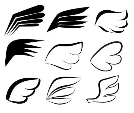 Hand drawn wings logo set. Vector doodle winged icons. Set of logo with linea Stock Illustration