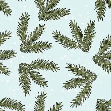 Hand drawn winter Christmas pattern green pine leaves and snowflakes on a light Stock Illustration