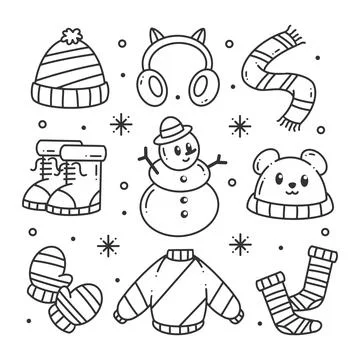 Hand drawn winter clothes and essentials for coloring Stock Illustration
