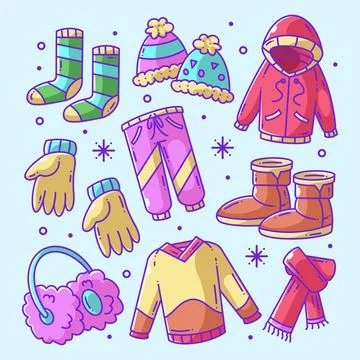 Hand drawn winter clothes full color Stock Illustration