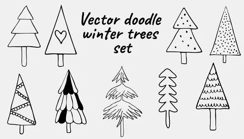 Hand Drawn Winter Forest Doodle Set of Pine and Bare Trees Stock Illustration
