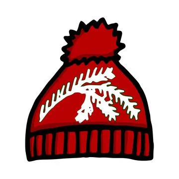 Hand drawn winter hat in red with doodle sprig. Sketch style icon. Decor elem Stock Illustration