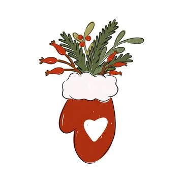Hand drawn winter mitten filled with festive greenery and red berries for Stock Illustration