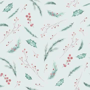 Hand-drawn winter pattern with Merry Christmas branches and berry, fir and pine Illustrazione stock