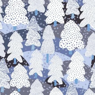 Hand drawn Winter pine tree seamless pattern. Doodle forest background. 스톡 일러스트