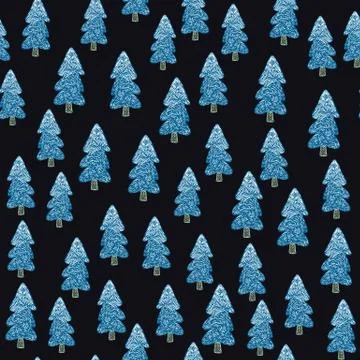 Hand drawn winter pine tree seamless pattern on black background. Christmas h Illustrazione stock