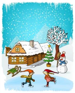 Hand drawn winter scenery Stock Illustration