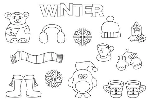 Hand drawn winter set. Coloring book template.  Outline doodle Stock Illustration