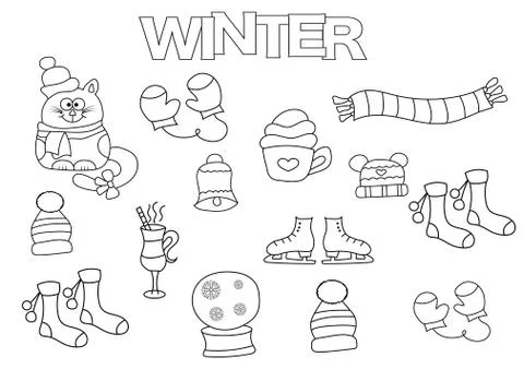 Hand drawn winter set. Coloring book template.  Outline doodle Stock Illustration