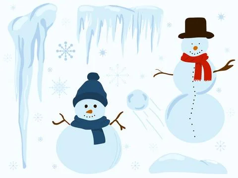 Hand Drawn Winter Snowmen and Icicles Set Stock Illustration