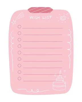 Hand drawn Wish list template for Birthday wishes. Paper note 스톡 일러스트